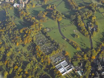 Oblique aerial view of the park, glasshouses, winter garden and allotments, taken from the SSW.