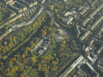 General oblique aerial view of the botanic gardens, glasshouses and conservatory, taken from the W.