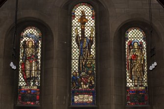 Interior.  Chancel stained glass windows. Detail