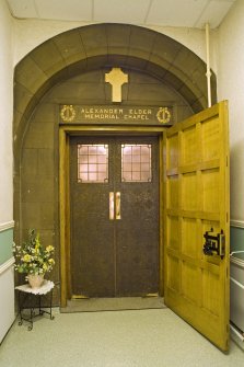 Interior. Entrance door open. Alexander Elder Memorial Chaple, Western Infimary, Glasgow.
