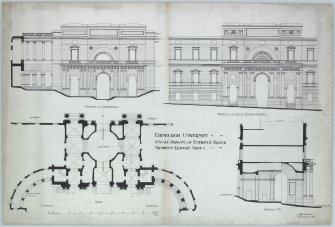 Elevations; Section; Plan of Entrance Block
Mens. et delt. "J B Lawson,  Edinr.  July 1906". 
1/8 scale drawing of entrance block. Elevation to Quadrangle and elevation to South Bridge Street.