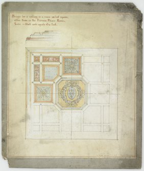 Student material. Design for 'a ceiling in a room 28 feet square, after those in the Farnese Palace Rome. Scale - half inch equals one foot'.
Ceiling plan and detail of moulding.