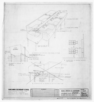 Layout plan and details of sink and range for domestic 'D' cookery.
