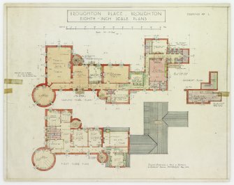 Plan of basement, ground floor and first floor.