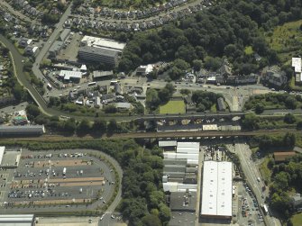 Oblique aerial view centred on the railway viaduct and aqueduct, taken from the NW.