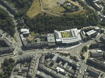 Oblique aerial view centred on the hotel, cinemas and theatre with the observatories adjacent, taken from the WNW.