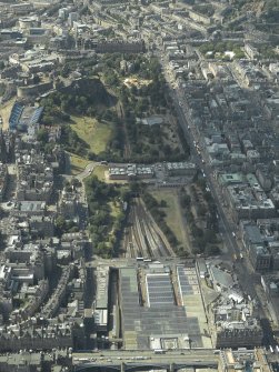 General oblique aerial view of on the railway station, art galleries, castle and monument, taken from the E.