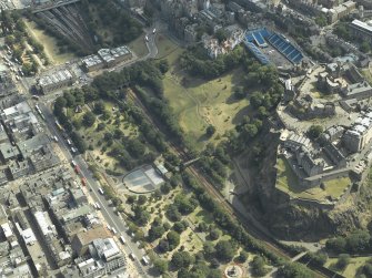 Oblique aerial view centred on the gardens with the castle adjacent, taken from the WNW.