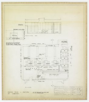 Sketch plan, elevation and section of library.