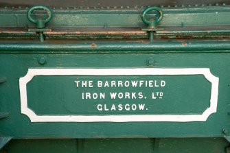 Detail of makers details on a purifier. (The Barrowfield Iron Works Ltd Glasgow) The purifier, which removes ammonia, would have contained lime to remove hydrogen sulphide as a by-product.