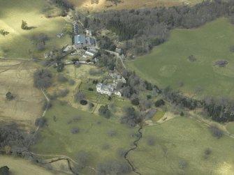 General oblique aerial view centred on the country house, gardens and stable with the walled garden and farmsteading adjacent, taken from the ESE.