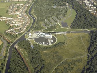 Millennium Wheel, Falkirk. 
Oblique aerial view centred on the canal lift, canal basins, slipway, lock, footbridge and visitor centre, taken from the WNW.