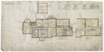 Digital image of drawing showing plan of first floor plan, attic plan and cistern plan.