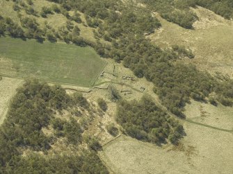 Oblique aerial view centred on the remains of the farmstead, taken from the E.
