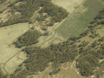 Oblique aerial view centred on the remains of the farmstead, taken from the NW.