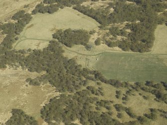 Oblique aerial view centred on the remains of the farmstead, taken from the W.