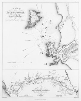 Engraving of elevation and plan inscr: ''A Chart of the Bay at Ardrossan with a plan of the Harbour and Wet Dock on the Property of the Right Honourable Earl of Eglington.'' Includes Map of a Canal from the City of Glasgow through Paisley to the Harbour of Ardrossan on the West Coast of Ayrshire.