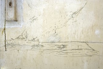Interior.  Pencil graffiti of motor torpedo boat being attacked by an aircraft, possibly of later date.