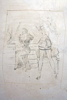 Interior.  Detail of pencil graffiti of two women, c.1940's.