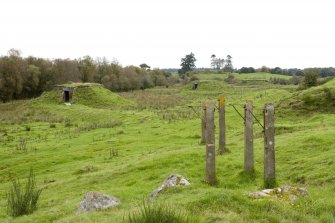 View.  Group of short single chambers with concrete steam pipe support posts in foreground, from NE.