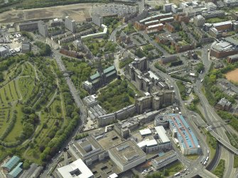 General oblique aerial view centred on the cathedral and hospital, taken from the NNE.