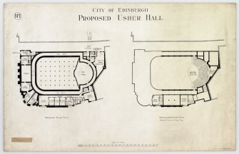 Basement floor plan and mezzanine floor plan.
Titled: 'City Of Edinburgh Proposed Usher Hall'.  
Insc: 'No.1'. 
Label Insc: 'Lent By Mr. Mottram and Mr. Patrick   14 Frederick Street'.



