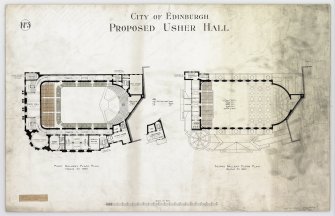 Alternative plans for first and second galleries.
Titled: 'City Of Edinburgh Proposed Usher Hall'.  
Insc: 'No.3'. 
Label Insc: 'Lent By Mr. Mottram and Mr. Patrick   14 Frederick Street'.


