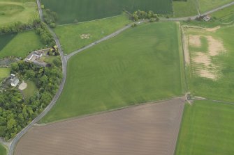 Oblique aerial view centred on the cropmarks of the rig with the country house and the cropmarks of the possible enclosure adjacent, taken from the WSW.