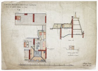 Plan, section and elevation of cistern houses on roof.