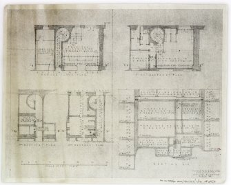 Plans, sections and elevations of additions and alterations to Nos 12 and 13. Plans of shop front and fittings for Messr Barret & Co. Basement plan, second basement plan, ground floor plan and section A-A.