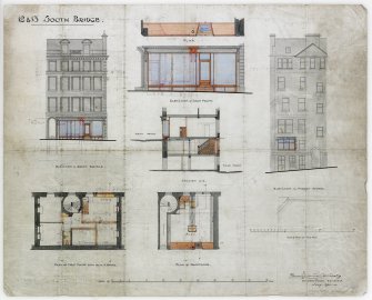 Plans, sections and elevations to Nos 12 and 13. Niddry Street and South Bridge Elevations, elevation of shop front, plan of shop floor and section A-A.
