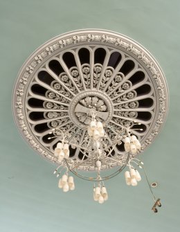 Interior. Detail of ceiling rose and chandelier