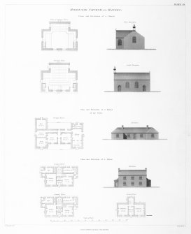 Engraving of elevation and plan inscr: ''Highland Churches and Manses.'' Includes plans, and elevations of church, one storey manse, and two storey manse.