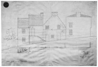 Street called the ''Little Causeway''. The house and next are called ''The Nunnery'' and a Nun's Head (almost worn away now) is carved under corbel of crowstep. Perspectives and illustration of elevation to street.