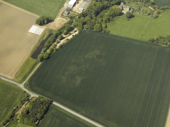 Oblique aerial view centred on the cropmarks of the pit-alignment and possible unenclosed settlement with the castle and walled garden adjacent, taken from the ESE.