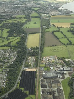 Oblique aerial view.  Stirling to Alloa railway, Cambus area, looking to Alloa from W