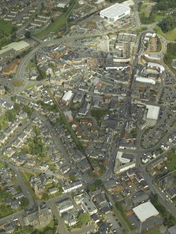 Oblique aerial view.  Central Alloa and the Alloa waggonway from SSW.