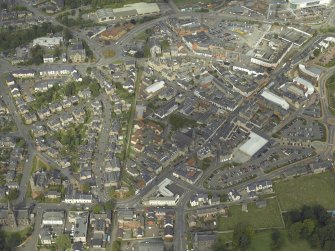 Oblique aerial view.  Central Alloa and the Alloa waggonway from SW.