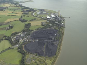 Oblique aerial view.  Longannet Mine, Longannet Power Station with coal stockpile for power station in foreground from W.