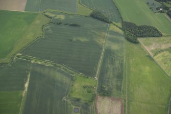 Oblique aerial view centred on the cropmarks of the rig and field boundaries with the remains of the tower-house, cottage and dovecot adjacent, taken from the NNW.
