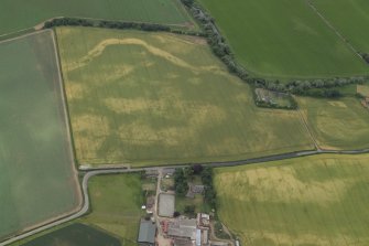 Oblique aerial view centred on the cropmarks of the cursus with the cropmarks of the possible settlement and the farmhouse, farm buildings and dovecot adjacent, taken from the NNW.