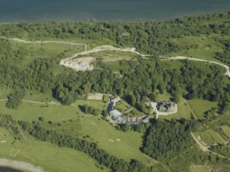 Oblique aerial view centred on the hotel, cottage and golf course, taken from the NNW.