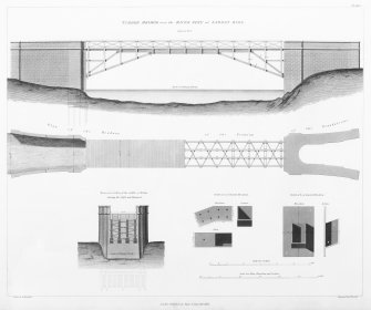 Engraving of elevation and plan inscr: ''Timber Bridge over the River Spey at Laggan Kirk.'' Plan of the Roadway, Plan of the Framing and Plan of the Foundations.