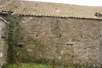 Building to SE of steading, view of E wall showing gable scar of a demolished building.