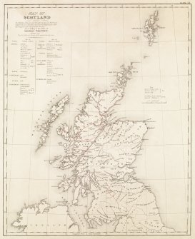Engraving of map  inscr: ''Map of Scotland shewing The Highland Roads and Bridges made, the Harbours improved and Churches built in the Highlands, also the Glasgow and Lanarkshire Roads, all according to the Plans of Thomas Telford. Shewing also the Old Military Roads still maintained in use.''