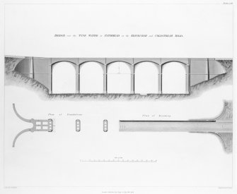 Engraving of elevation and plan inscr: ''Bridge over the Tyne Water at Pathhead on the Edinburgh and Coldstream Road.'' Includes plan of foundations and plan of roadway.