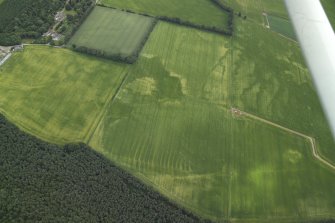 General oblique aerial view centred on the cropmarks of the rig and pits with the country house adjacent, taken from the NW.