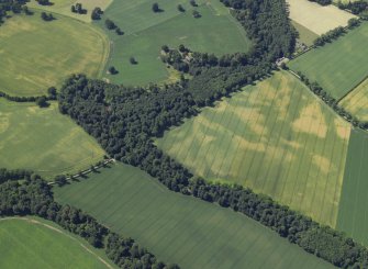 General oblique aerial view centred on the cropmarks of the ring-ditch and barrows with the church, burial-ground and remains of the stone adjacent, taken from the ESE.
