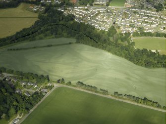 Oblique aerial view centred on the cropmarks of the rig, pits and possible souterrain and the field boundaries with the gate-lodge adjacent, taken from the E.