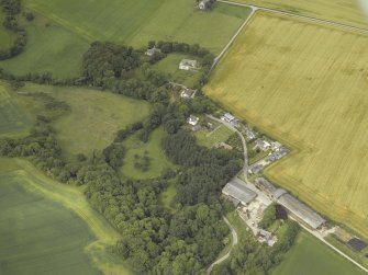 General oblique aerial view centred on the remains of the church, burial ground and tower-house, taken from the ENE.